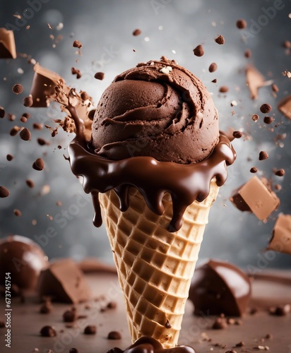 delicious chocolate ice cream in cone, exploding ingredients, copy space for text

