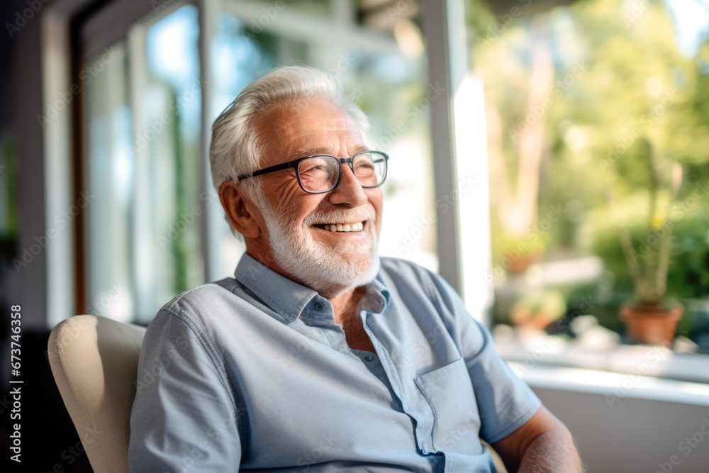 A portrait of a happy senior man enjoying his lifestyle in a retirement home, exuding contentment and embracing his golden years A portrait of a happy senior man enjoying his lifestyle in a retirement home, exuding contentment and embracing his golden years