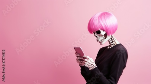 a skeleton in a pink wig with a smartphone in his hands reads and writes a message. banner with place for text on pink background
