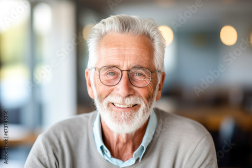A portrait of a happy senior man enjoying his lifestyle in a retirement home, exuding contentment and embracing his golden years