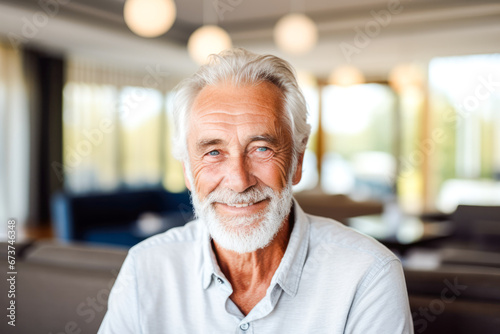 A portrait of a happy senior man enjoying his lifestyle in a retirement home, exuding contentment and embracing his golden years photo