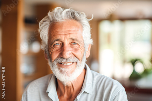 A portrait of a happy senior man enjoying his lifestyle in a retirement home, exuding contentment and embracing his golden years photo