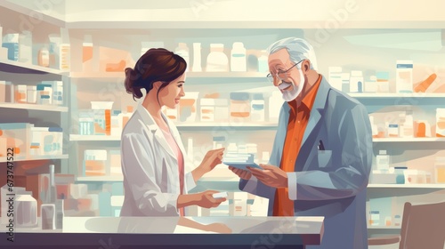 illustration. pharmacist giving medicine in pharmacy to elderly man with beard photo