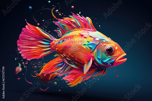 Abstract multi-colored goldfish on a dark background.