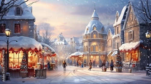 Winter Christmas town in vintage style. Christmas card