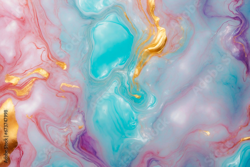 Abstract marble pattern with swirls of pink  aqua  purple  and gold accents.