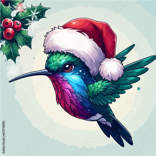 A sprightly hummingbird with a Santa hat