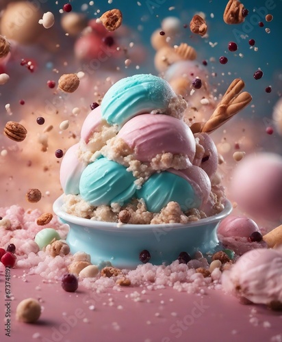 close up view of delicious ice cream, exploding ingredients, copy space for text 