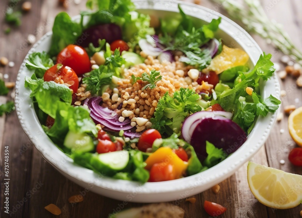 healthy and delicious salad bowl, exploding ingredients, copy space for text