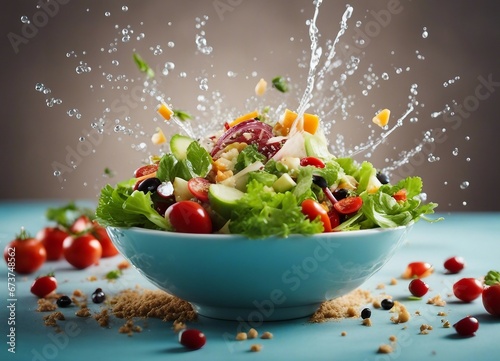 healthy and delicious salad bowl, exploding ingredients, copy space for text