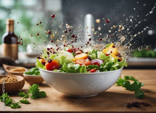 healthy and delicious salad bowl  exploding ingredients  copy space for text