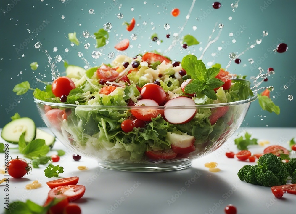 healthy and delicious salad bowl, exploding ingredients, copy space for text healthy and delicious salad bowl, exploding ingredients, copy space for text
