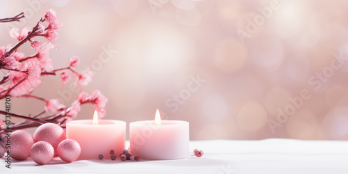 Pink Christmas - Banner Of Light Up Candle  Ornaments And Branches On Snowy Wooden Table With Pink and Gold Bokeh Background