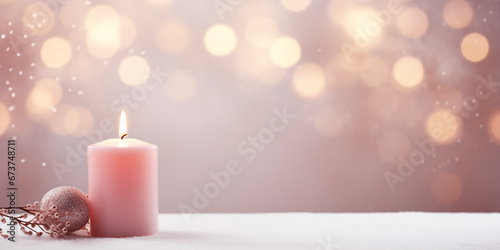 Pink Christmas - Banner Of Light Up Candle  Ornaments And Branches On Snowy Wooden Table With Pink and Gold Bokeh Background