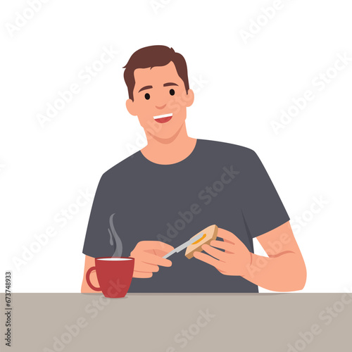 Young thoughtful smiling pensive man boy character making toast spreading butter on bread at breakfast lunch dinner at home kitchen. Flat vector illustration isolated on white background