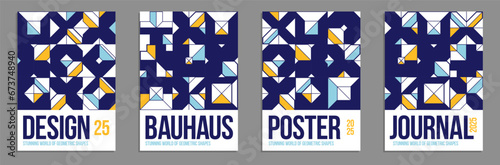 Abstract geometric posters and covers set, vector background pattern magazine or catalog templates, technic style geometric shapes composition.