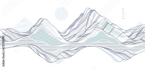 Oriental Japanese style vector abstract illustration, background in Asian traditional style, wavy shapes and mountains terrain, runny like sea lines.