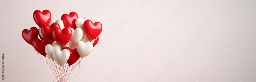Inflatable red balloons in the shape of hearts on a wall background. Balloons for Valentine's Day, empty space on the side. Symbol of love. Background for banners or cards
