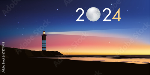 Carte de voeux 2024 avec le concept du phare symbolisant le point de repère permettant de suivre la bonne direction pour relever les défis et les couronner de succès.