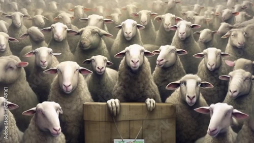 a flock of sheep at a meeting