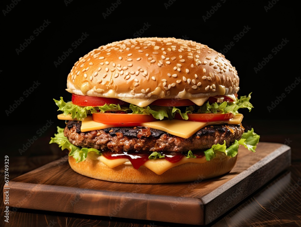 A large juicy burger with various spices and seasonings is on the table. Generated by AI.