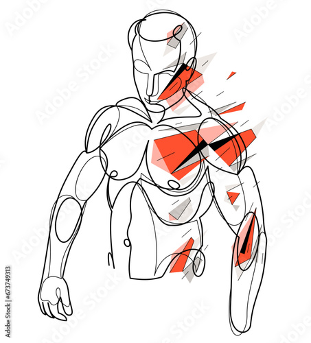 Linear drawing of a perfect body fit model man posing vector illustration isolated, muscular macho sexy guy with naked torso topless.