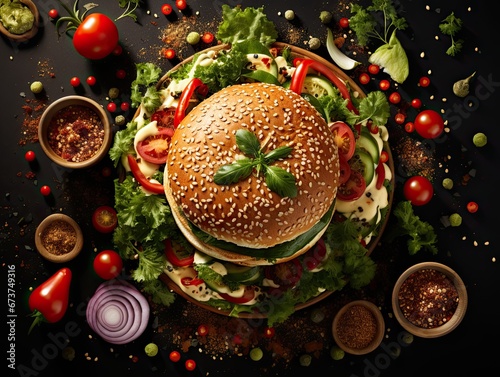 A large juicy burger with various spices and seasonings is on the table. View from above. Flat lay. Generated by AI.