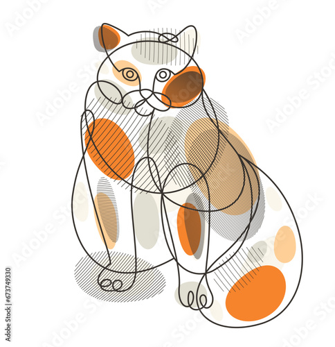 Fat and lazy cat line art vector illustration, linear drawing of pussycat relaxing, minimal outline sketch of cute domestic pet.