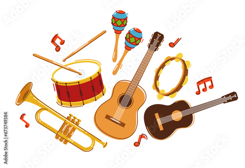 Acoustic music instruments composition vector flat illustration isolated on white, rock ballads concert or festival, live sound fest, rock musical bands.