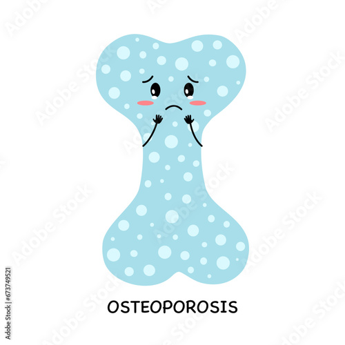 Unhappy funny osteoporosis bone cartoon character in flat design on white background.