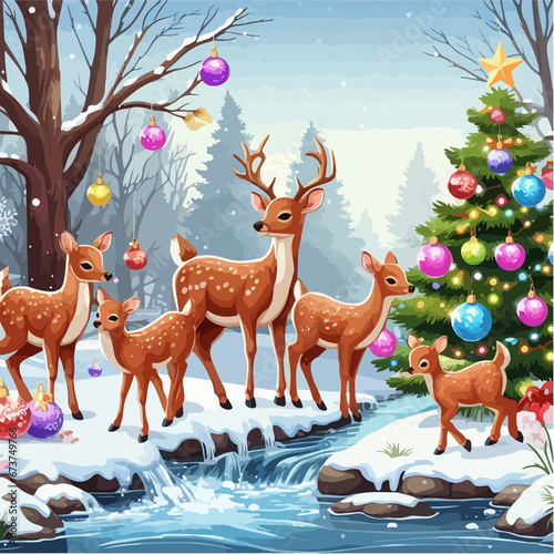 Holiday Harmony  Deer s Celebrating Beside a Glistening Christmas Tree