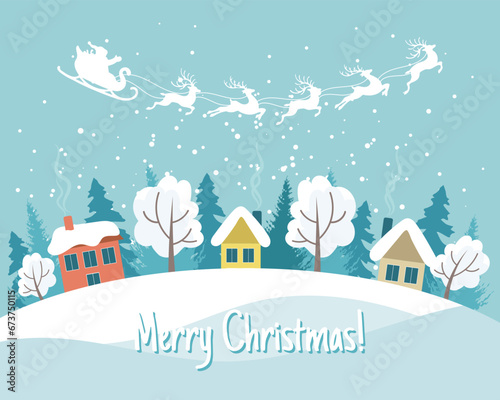 Winter landscape with cute houses, Santa on his sleigh with reindeers and the night sky. Merry Christmas greeting card template. Illustration in flat style. Vector