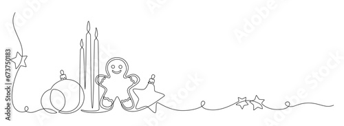 One continuous line drawing of Christmas greeting card. Festive holiday composition for winter holiday greeting card in simple linear style. Xmas decor in editable stroke. Doodle vector illustration