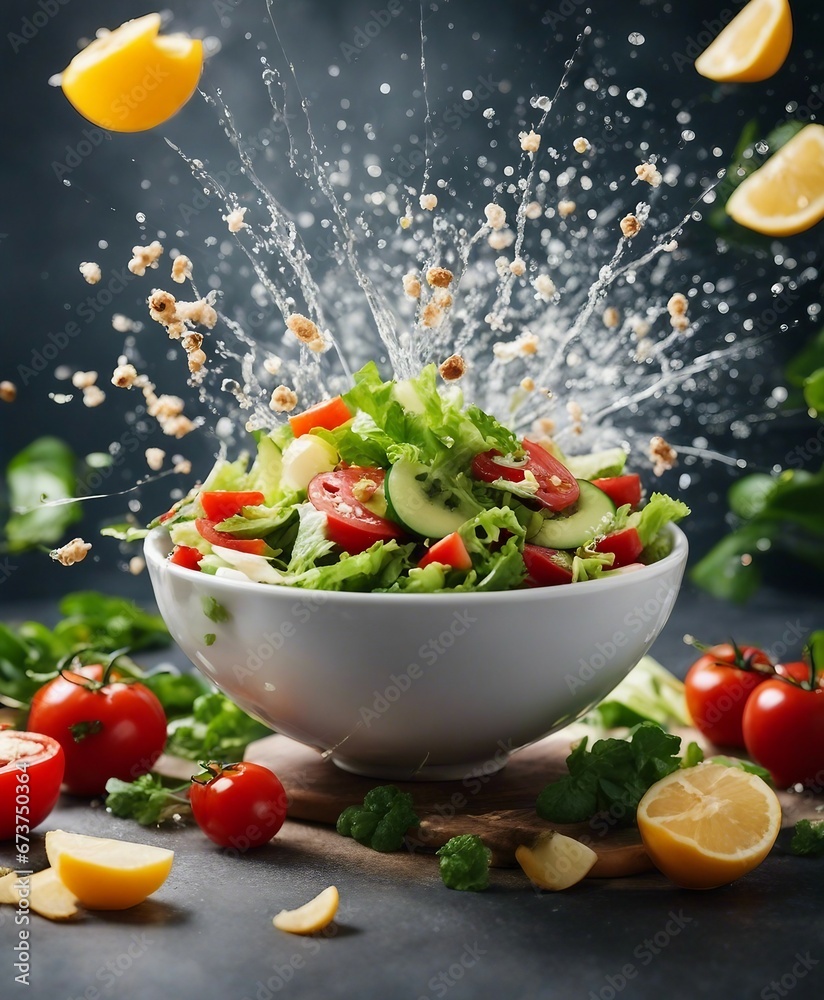healthy and delicious salad bowl, exploding ingredients, copy space for text healthy and delicious salad bowl, exploding ingredients, copy space for text