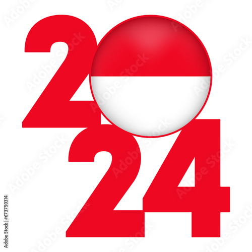 Happy New Year 2024 banner with Monaco flag inside. Vector illustration.