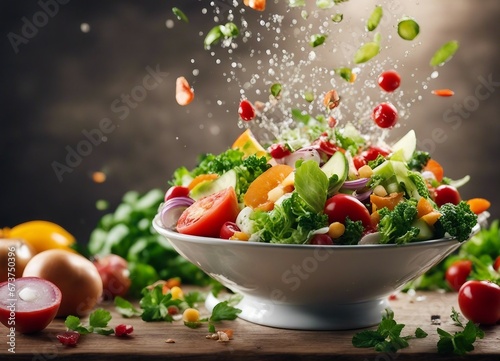 healthy and delicious salad bowl  exploding ingredients  copy space for text