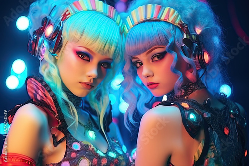 Young beautiful girls at a crazy cyber neon party in electro costumes