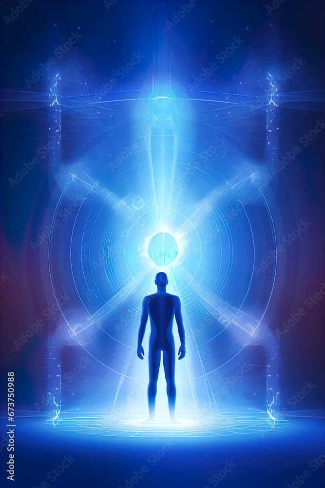Fototapeta premium A human figure in front of a portal. Great for stories of medical breakthroughs, healthcare innovation, sci-fi, futurism, innovation and more, 
