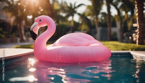 inflatable pink flamingo floating in the pool