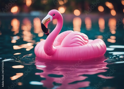 inflatable pink flamingo floating in the pool photo