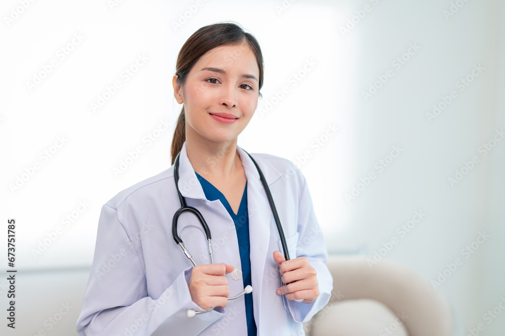 Portrait of Mature Female Doctor Wearing white Coat with Stethoscope Standing in Hospital Corridor. Concept Of Medical Technology and Healthcare Business. Portrait of Mature Female Doctor Wearing white Coat with Stethoscope Standing in Hospital Corridor. Concept Of Medical Technology and Healthcare Business.