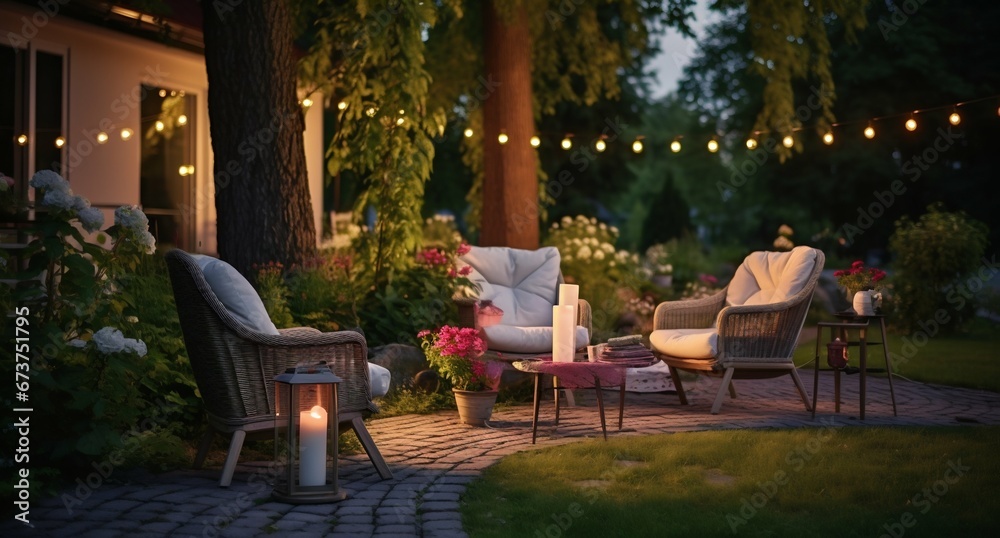 Suburban Serenity: Summer Evening Patio with Garden Lights and Wicker Decor. Generative ai