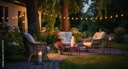 Suburban Serenity  Summer Evening Patio with Garden Lights and Wicker Decor. Generative ai