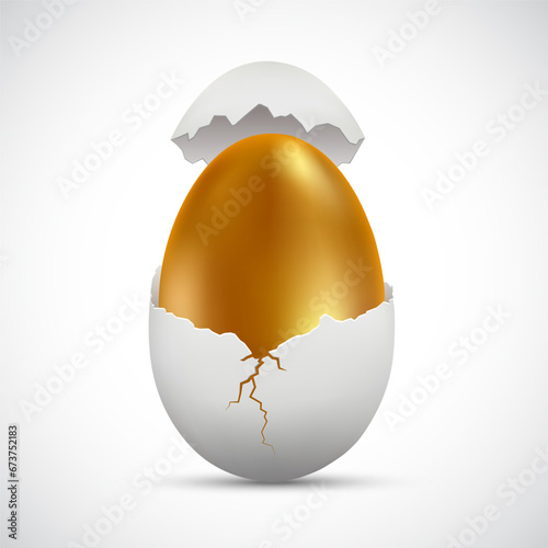 Golden chicken egg inside a broken white egg. Icon isolated on white background. Stock vector illustration