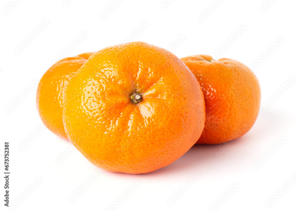 Three bright orange tangerines on white background. Mandarin front view. Three bright orange tangerines on white background. Mandarin front view.