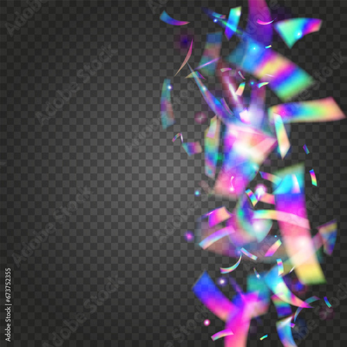 Falling Tinsel. Shiny Burst. Rainbow Glare. Pink Disco Sparkles. Blur Colorful Sunlight. Glamour Foil. Holographic Background. Bright Art. Purple Falling Tinsel