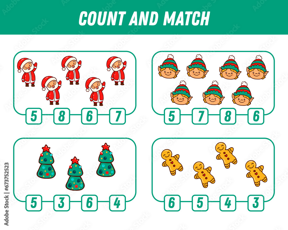 Education game for children count and match of winter elements, printable worksheet. Xmas. Education game for children count and match of winter elements, printable worksheet. Xmas.