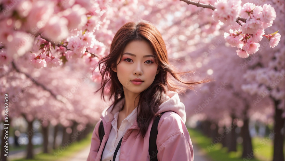 Bellissima ragazza di origini asiatiche vestita sotto un albero di ciliegio in fiore in Giappone in primavera Bellissima ragazza di origini asiatiche vestita sotto un albero di ciliegio in fiore in Giappone in primavera