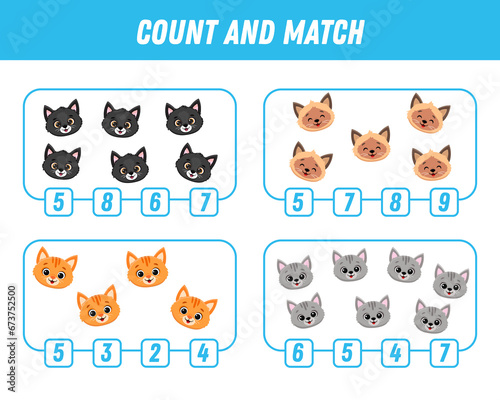 Fototapeta Naklejka Na Ścianę i Meble -  Education game for children count and match of cute cartoon cat, printable worksheet. Funny kitten.