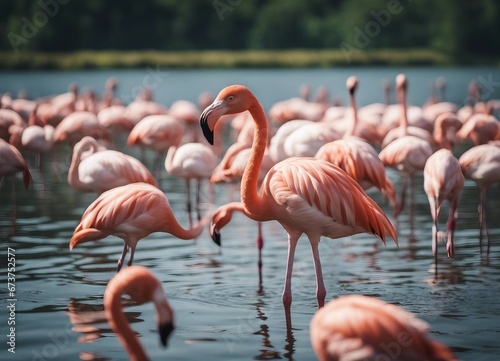 portrait of Flamingo standing at the river, summer time, other flamingos are blurry at background  © abu